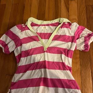 Maeve by Anthropology Pink and White Polo Shirt with Stripes